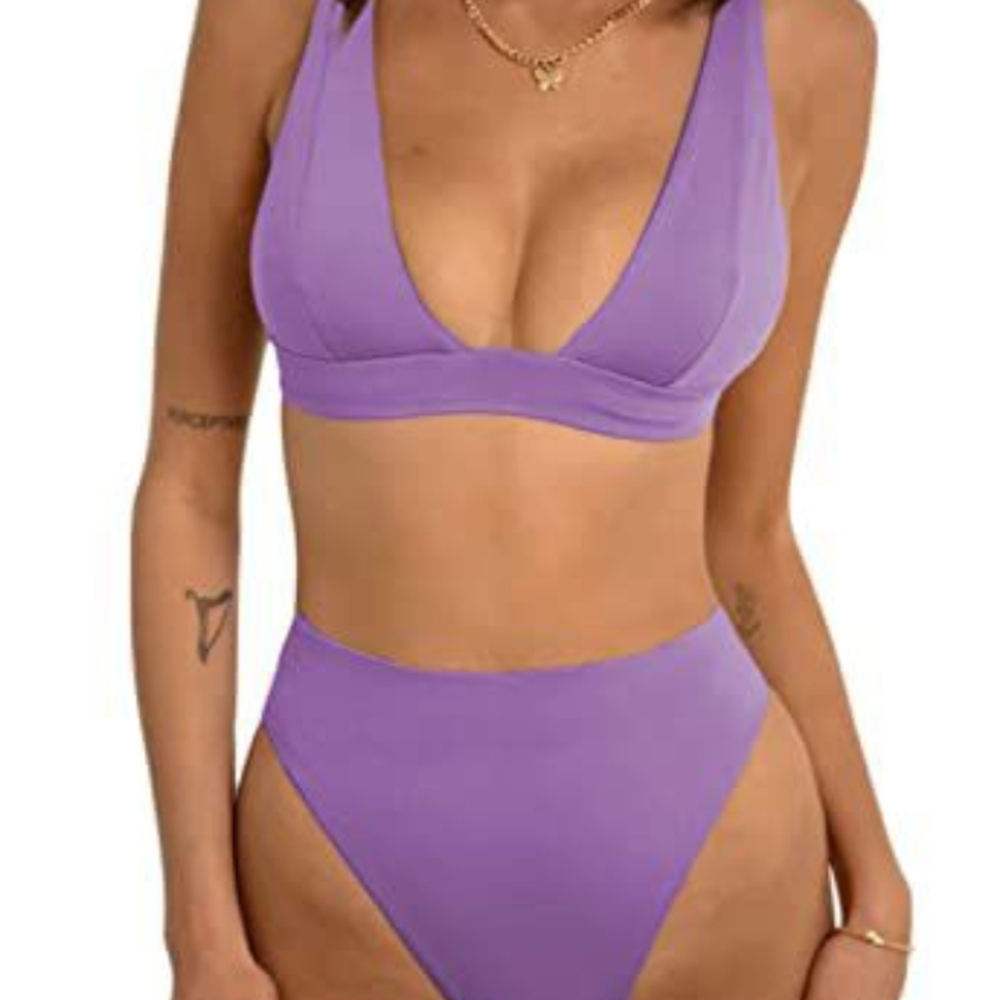 Modern Purple Bikini with High-Waisted Bottoms, New, Hygeniec Liner, M